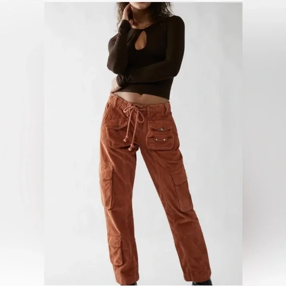 Free People Tahiti Cord Cargo Pants Utility Pockets Smocked Waist Cord Tie Rust - Picture 1 of 7